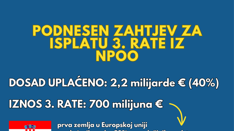 Vlada podnijela zahtjev za isplatom 3. rate od 700 milijuna eura iz Plana oporavka